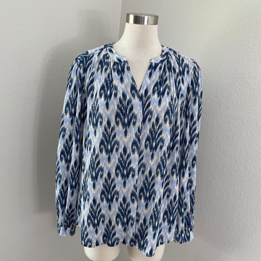 Chicos Womens 12 Chiffon Blue White Ikat Print Blouse Long Sleeve Shirt‎ Top